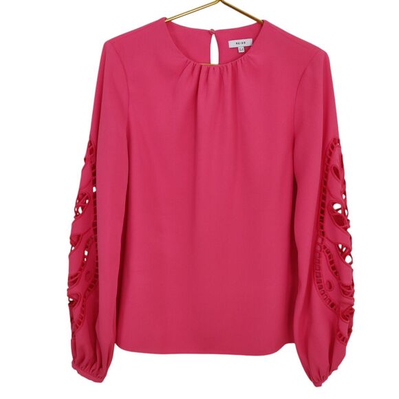 Reiss Belle Laser Cutout Blouse Size 4 Coral Pink Rose Keyhole Long Sleeve Top - Picture 2 of 12